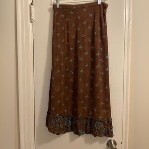 Red’s Threads 100% Rayon Crinkle Chocolate Brown Turquoise Maxi Skirt Large